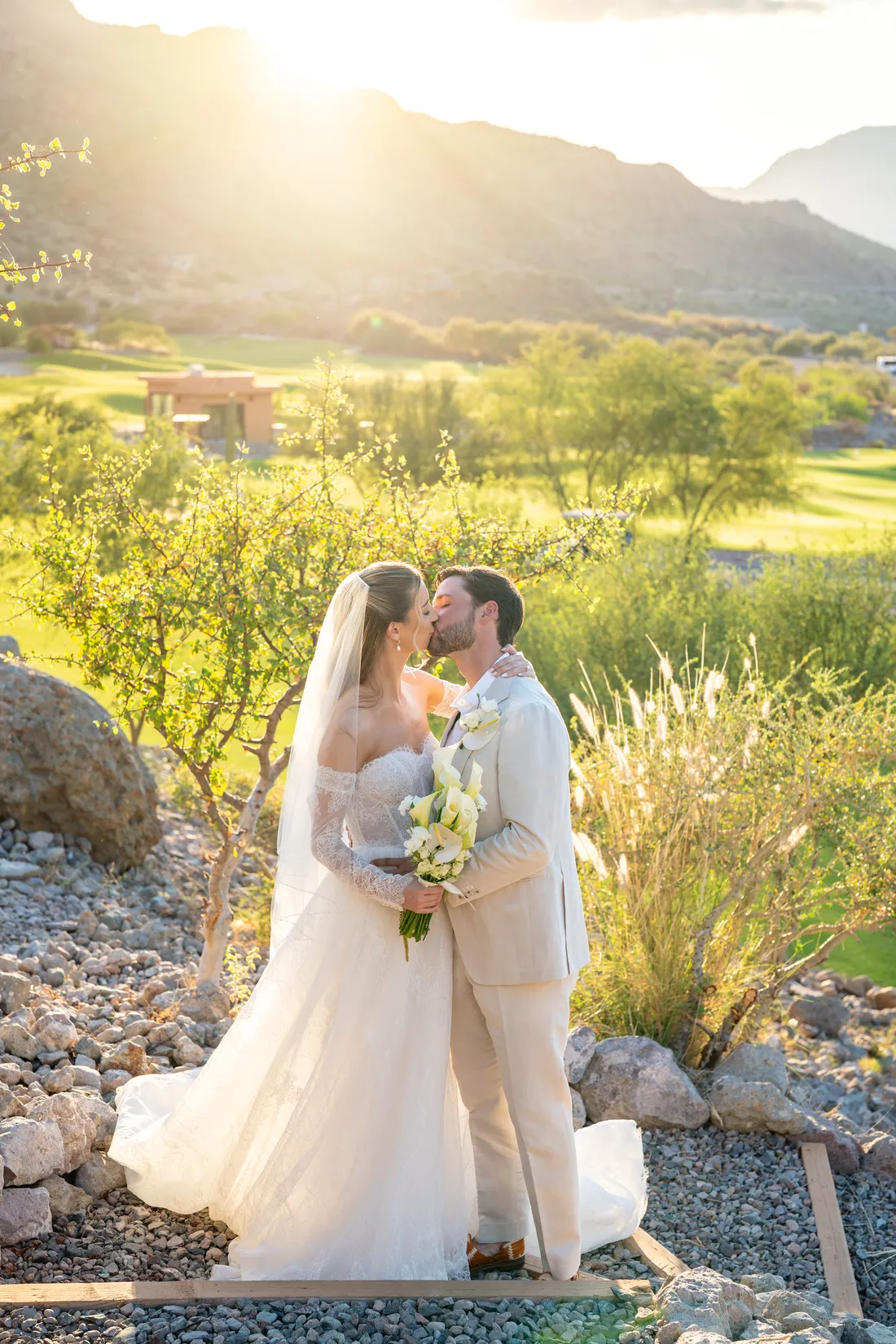 Los novios se besan a contraluz entre la vegetación del desierto